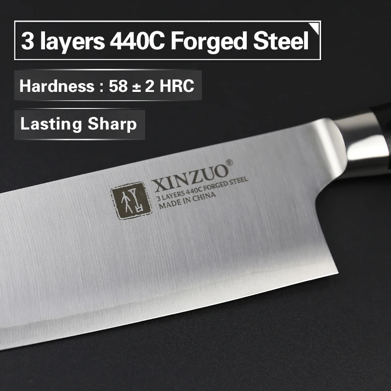 XINZUO 7'' Nakiri Knife 3 Layer 440C Core Clad Steel Chinese Kitchen Knives Stainless Steel Carving Vegetable Knife G10 Handle