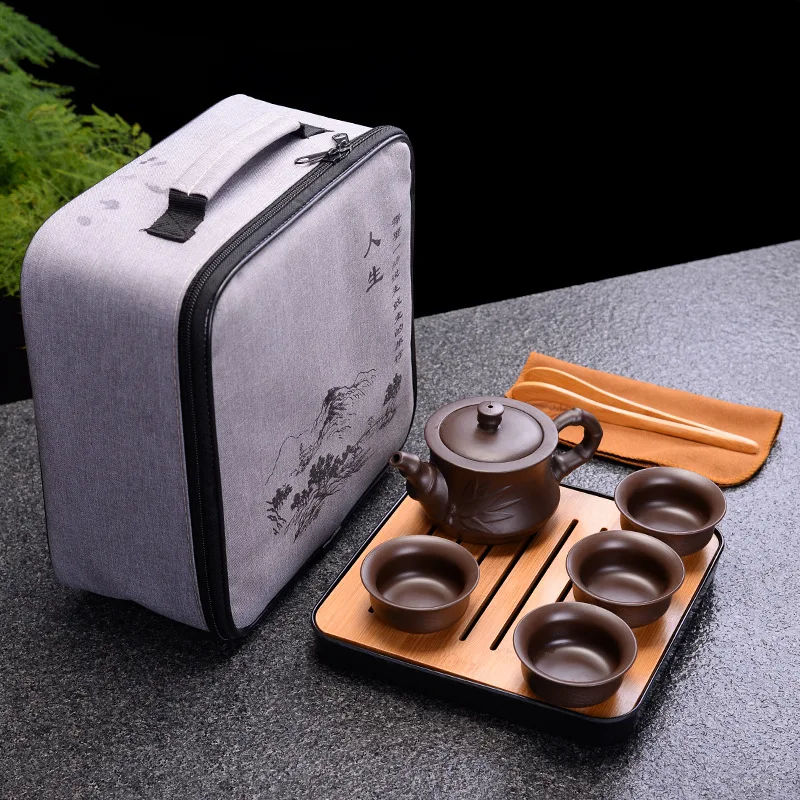  Chinese Kung Fu Tea Set with TrayGlaze Ceramic Purple clay TeaPot Tea CupPortable Travel Tea Set dr