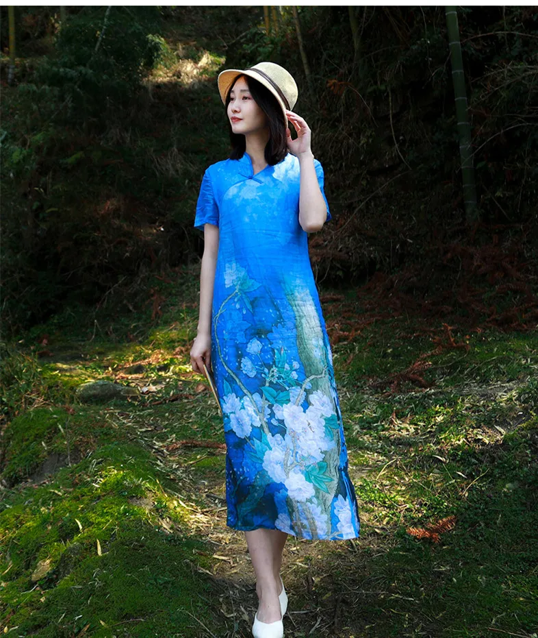 LZJN Women's Summer Dresses Flax Linen Cheongsam Qipao Collar Chinese Style Royal Blue Long Dress (11)
