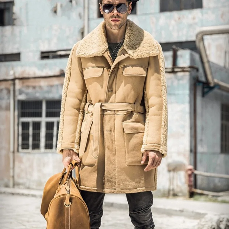 Mens Runway Natural Shearling Military Mid Long Coat Belted Khaki Real ...