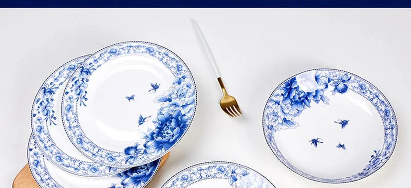 Цзиндэчжэнь сине-белая фарфоровая посуда, керамическая тарелка для стейка из костяного фарфора, мелкая тарелка, глубокий поднос для фруктов, десертное блюдо