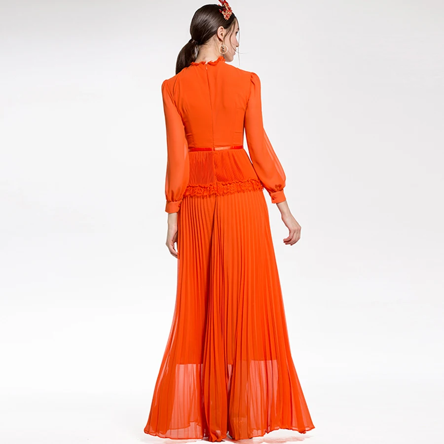 Luxury XXL Women Vestido Dresses 2018 Spring Runway Fashion Lace Ruffles Bow Patchwork Lantern Long Sleeve Pleated Maxi Dress