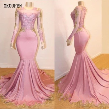 

Mermaid Prom Dresses 2019 Gold Appliques Sexy Illusion Sleeves Formal Party Evening Gowns vestidos de fiesta robe de soiree gala