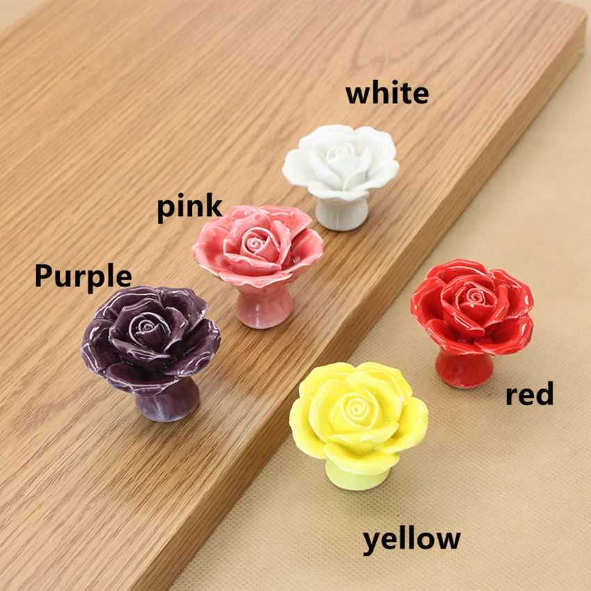 creative fashion rural rose ceramic knobs yellow red pink purple flower