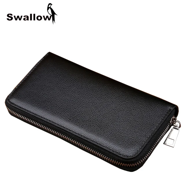 SWALLOW Business Men Wallets Famous Brand Fashion Purse Men Leather Witch Card Holder Solid Zipper Long Male Wallet Phone Pocket