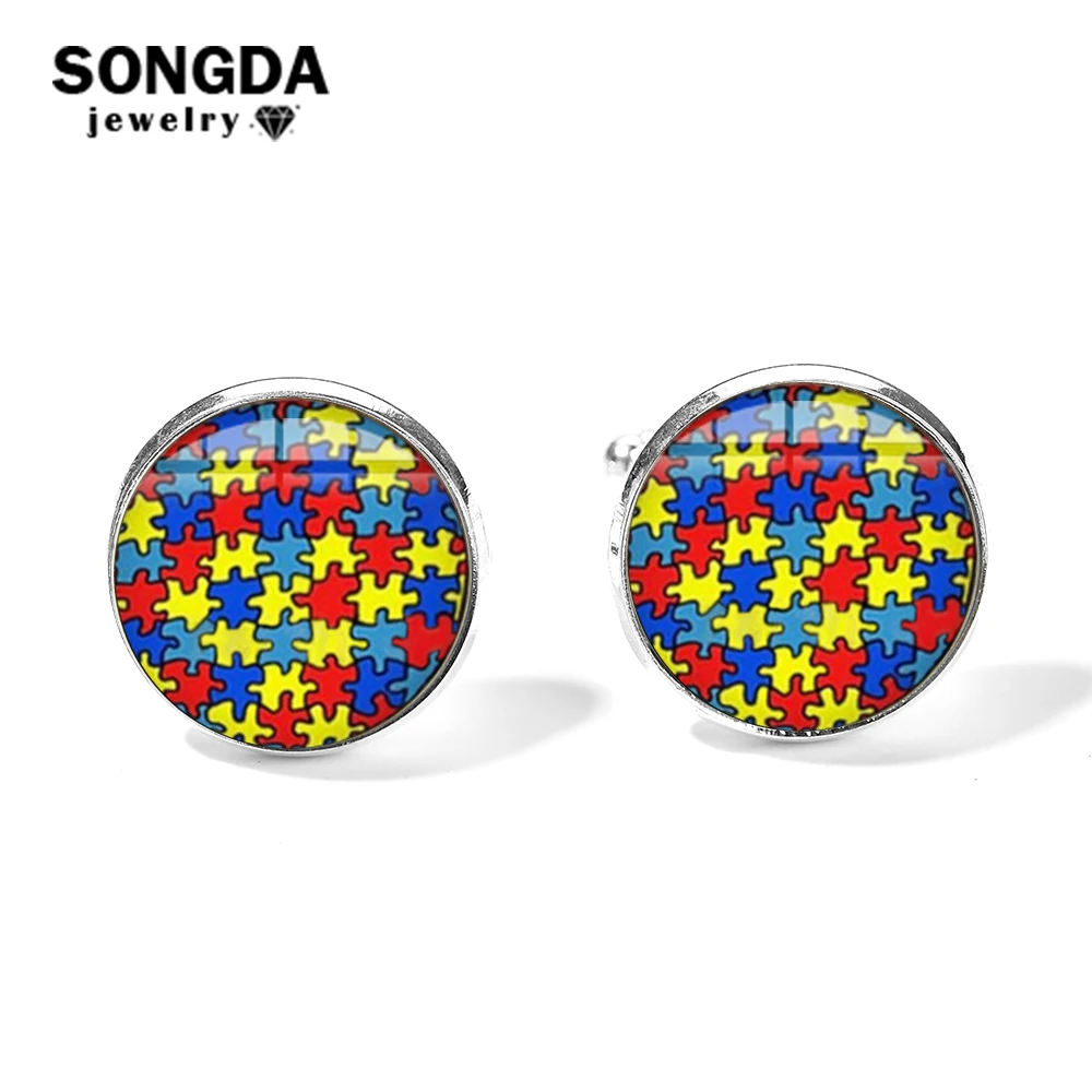 

SONGDA High Quality Colorful Puzzle Pieces Cufflinks Autism Awareness Jigsaw Sign Clear Glass Cabochon Cuff Links Button Gemelos