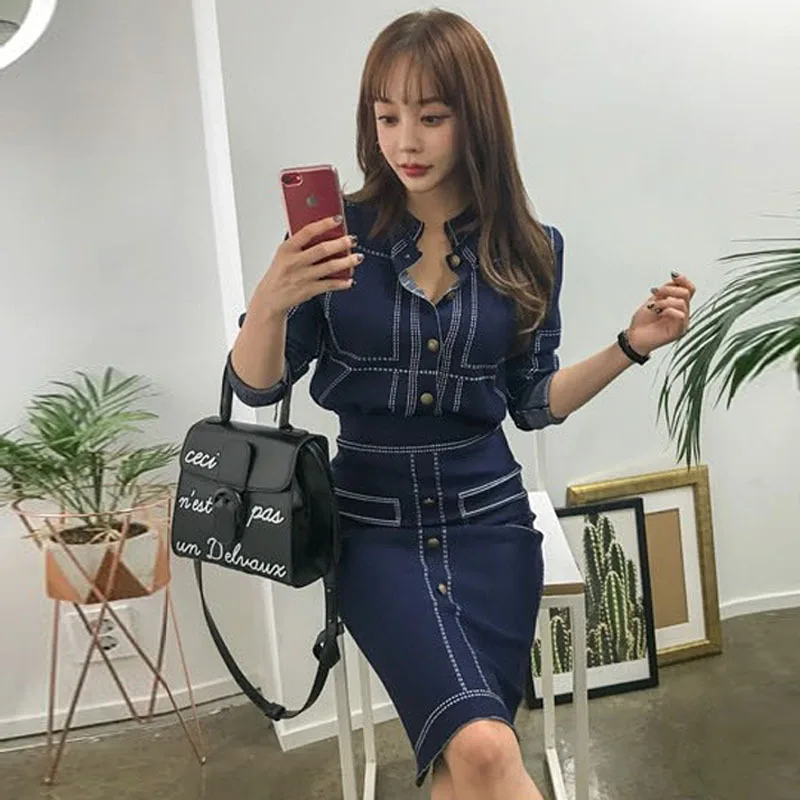Foamlina Sexy Women Two Pieces Sets 2018 Autumn Knitted Suits Geometric Pattern Long Sleeve Cardigan + Pencil Skirt Sets Women