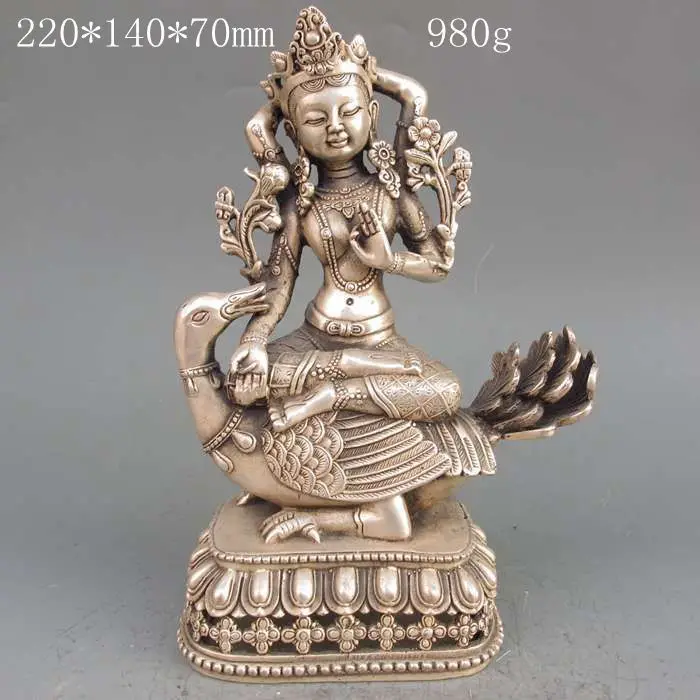 

Tibet Silver Copper Tibetan Buddhism Statue -- 4 Arm Tara Buddha & Goose Garden Decoration 100% real Tibetan Silver Brass