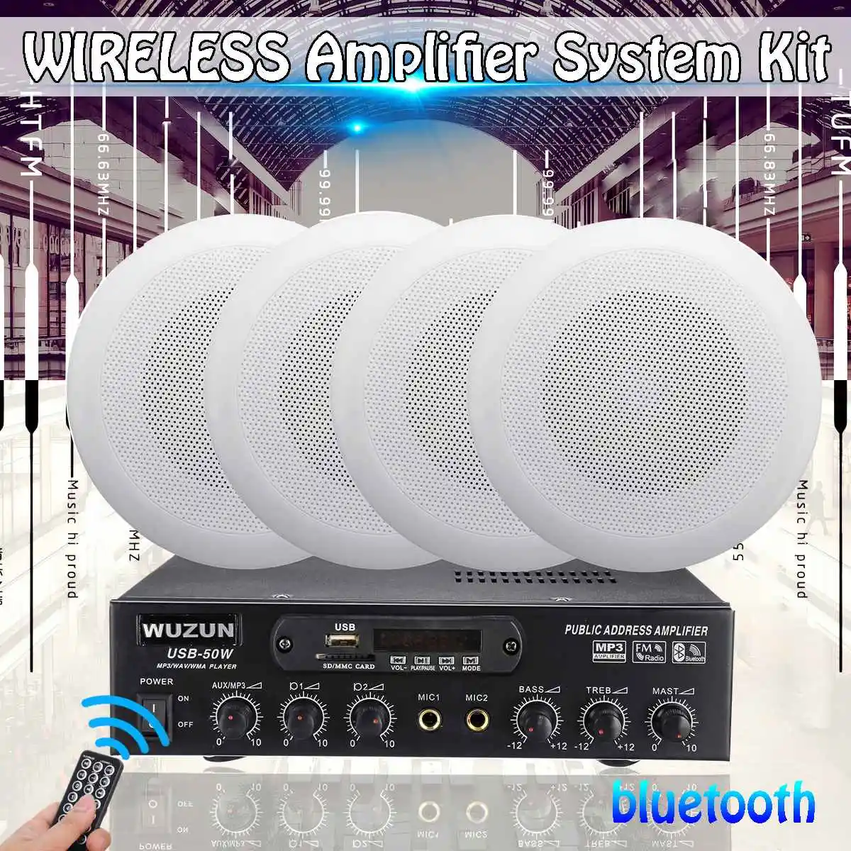 

50W bluetooth Audio Stereo Amplifier 12V/220V HIFI Wireless Subwoofer Stereo FM Radio Home Car Amplifier Speakers