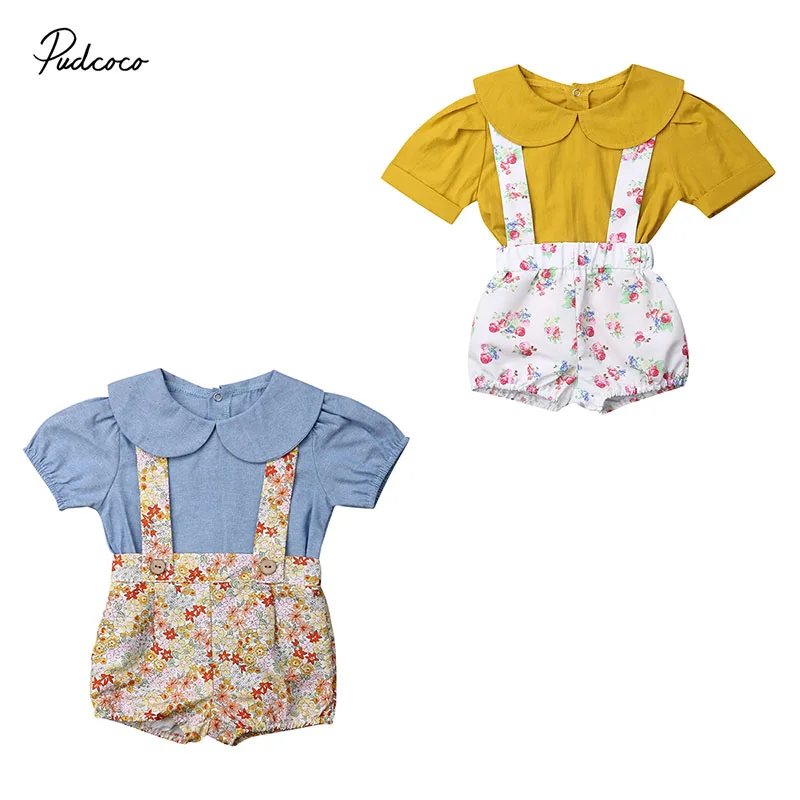 2019 брендовая одежда для маленьких девочек Boho, хлопковые топы, Однотонная футболка + цветочные брюки с нагрудником комбинезоны, летние