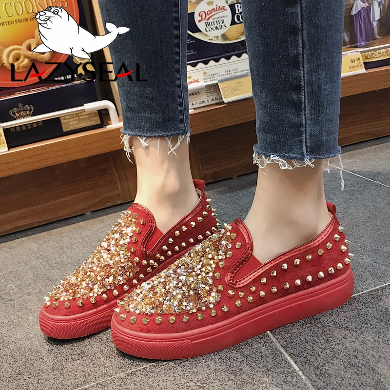 LazySeal Bling Women Flats Shoes Lovers Rivets PU Leather Loafers Woman Flat Heel Shoes Women Round Toe Mules For