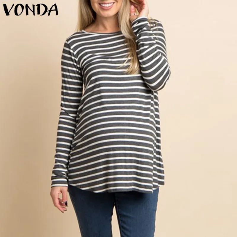 

VONDA Pregnancy Clothes 2019 Women Tee Tops Casual Long Sleeve Cotton Striped T-shirts Pregnant Sexy Backless Maternity Tops 5XL