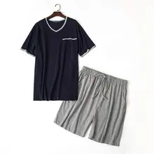Летняя Пижама больших размеров из двух предметов, мужские повседневные пижамные комплекты хлопковый пижамный комплект, Мужская футболка с v-образным вырезом и полуштаны