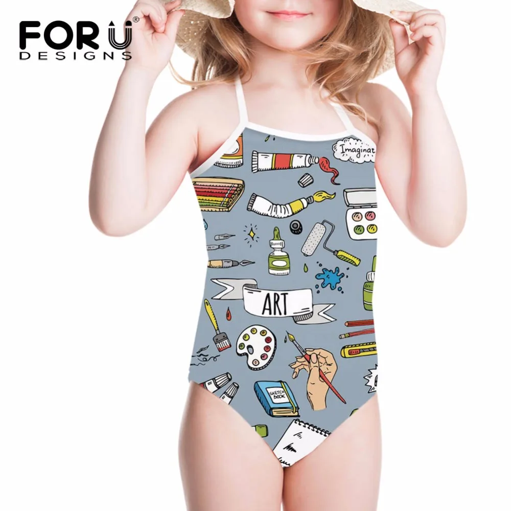 

FORUDESIGNS Swimsuit One-piece Suits Children Swimwear Retro Art Printing Bathing Suits Kids Baby Beachwear Swimming Suit Girls
