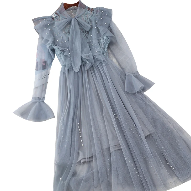 Кружевное платье большого размера весеннее женское плиссированное с бантом и