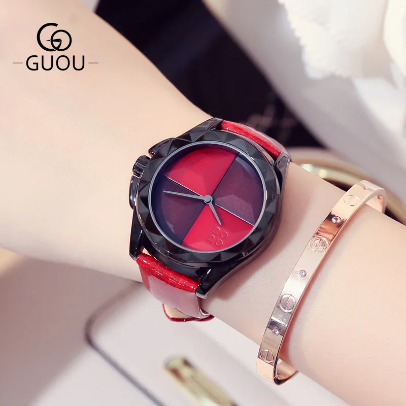 

GUOU Ladies Black Quartz Wrist Watch Women 2018 Red Leather Clock Women's Watches for Woman Girls horloges vrouwen 6 Colors
