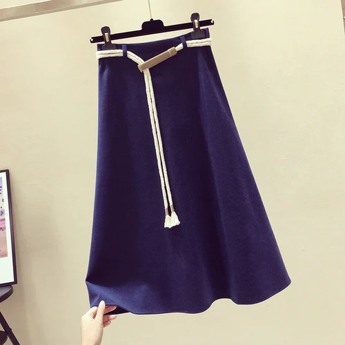 Dark blue Длинная юбка Повседневная однотонная трапециевидная шнуровка до щиколотки с завышенной талией Осень - Цвет: Dark blue
