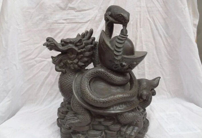 

Collectible bronze S1230 13" Chinese Bronze Wealth Coin Snake Ride YuanBao Dragon Turtle Statue Sculpture