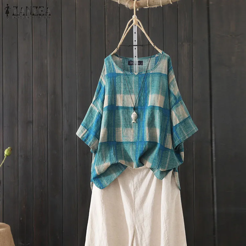 

2019 Plus Size ZANZEA Casual Check Blouse Summer Short Sleeve Tunic Tops Women Polka Dot Printed Party Shirts Female Blusas 5XL
