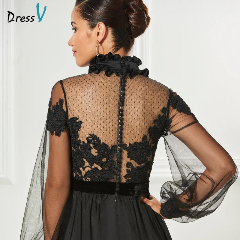 Dressv черное элегантное коктейльное платье с высоким воротом длинными рукавами
