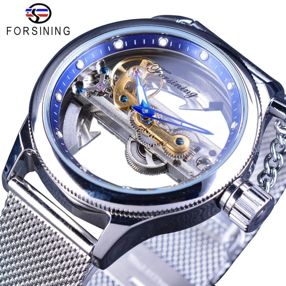 Forsining Blue Ocean Mysterious Apple Mesh Band Double Side Transparent Creative Skeleton Watch Top Brand Luxury Automatic Clock ремешок mobility для apple watch s3 s4 s5 se s6 42 44mm silicone mb blue ут000027908