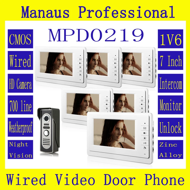 Top Selling Wired Magnetic Lock One to Six Video Doorphone Device,New 7 inch Screen Keypad Display Video Intercom System D219b