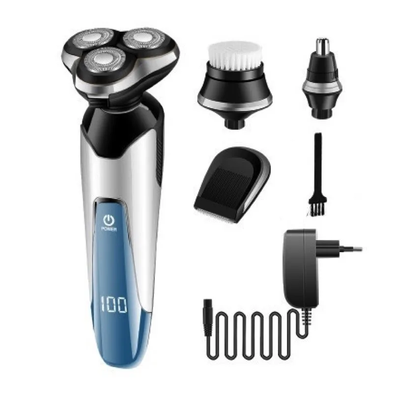 

4 in 1 Men's Grooming Set LCD Rechargeable 4D Floating Electric Shaver, Nose & Hair Beard Trimmer, Face Cleaning Brush Washable