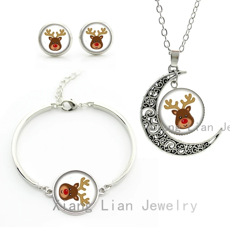 

Kawaii Cartoon Animal cute moon pendant necklace earrings bracelet Glass gem Christmas deer bear art jewelry sets women kid CM68