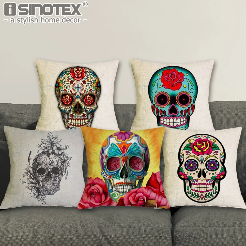 

43*43cm Sugar Skull Cushions Linen Cushion Cover Day of Dead Throw Pillow Case Decorative Pillowcase For Living Room Bed Room