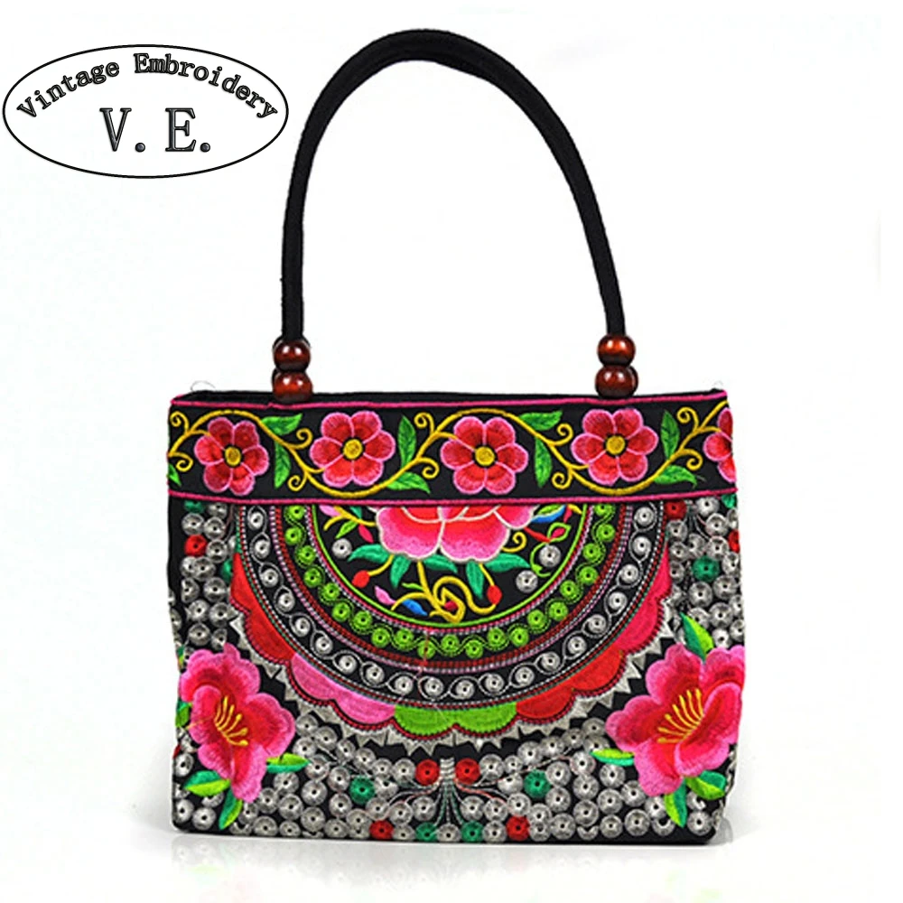 Vintage Embroidery Women Handbag National Ethnic Canvas Totes Wood Beads Double Layered Travel Shoulder Bag Sac Femme Bolsos vintage women bag retro handbag national ethnic canvas totes wood beads double layered travel shoulder bag sac femme bolsos