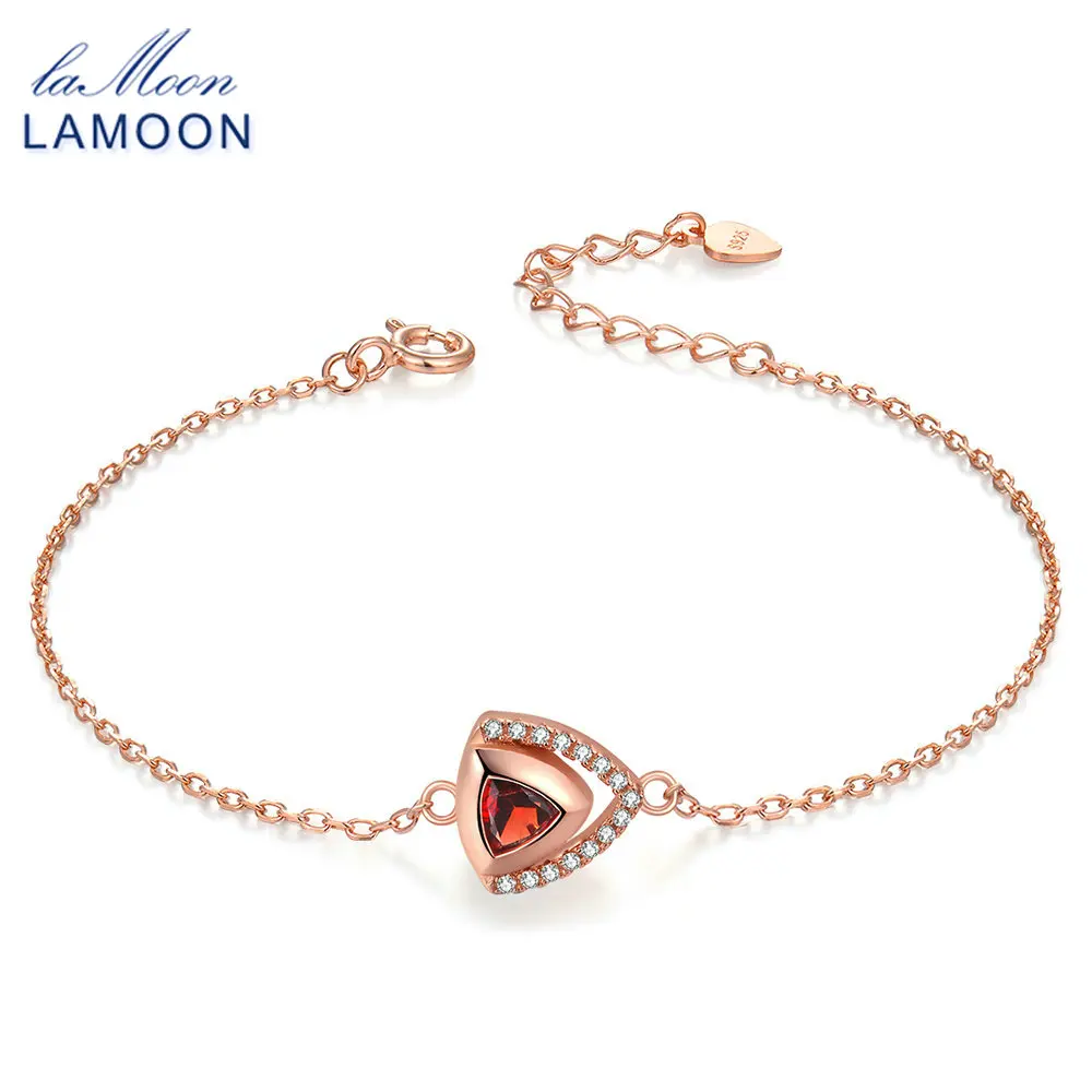 LAMOON Triangle Gemstone 5mm Garnet S925 Bracelets & Bangles 925 Sterling Silver Fine Jewelry Rose Gold Color For Women LMHI040