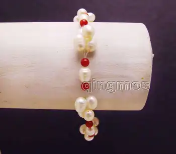 

Small 5-6mm White Rice Natural freshwater pearl and 3-4mm Red Coral 7.5'' Bracelet-bra349 Free shipping Wholesale/retail