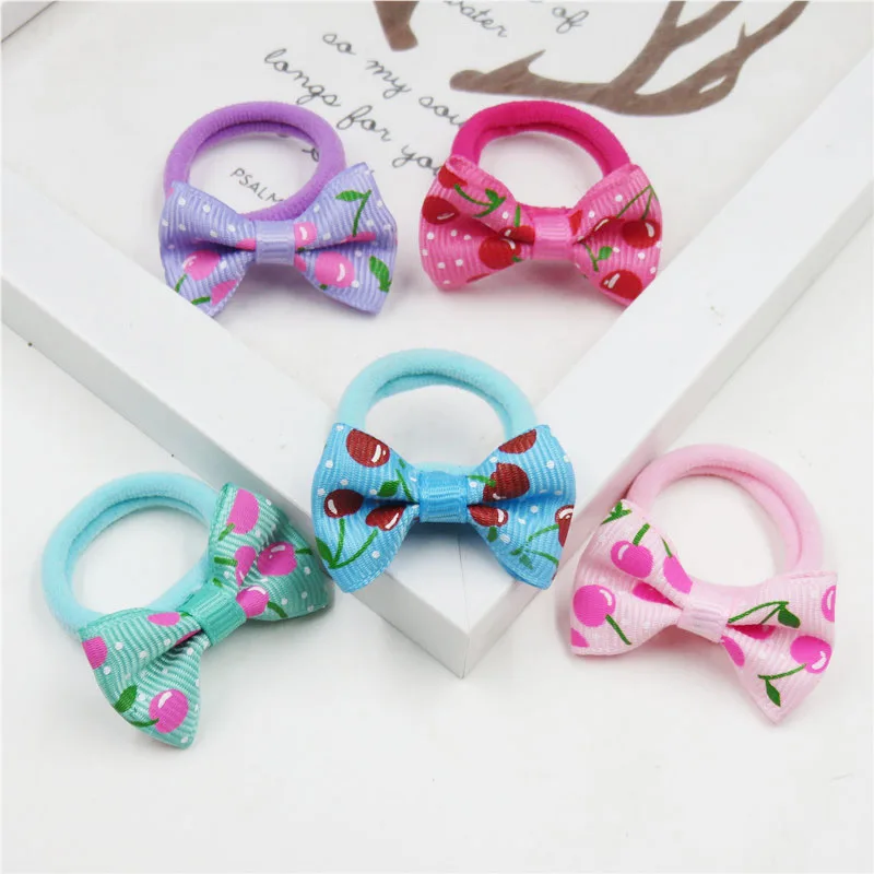 2PCS/LOT Lovely Cherry Small Bow Hairpin For Girl Hair Tie Child Elastic Hair Bands Scrunchy Clips Hair Accessories For Kids