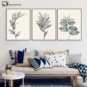 

Gray Plant Flowers Leaves Minimalist Art Canvas Poster Painting A4 Abstract Wall Picture Print Modern Home Room Decoration