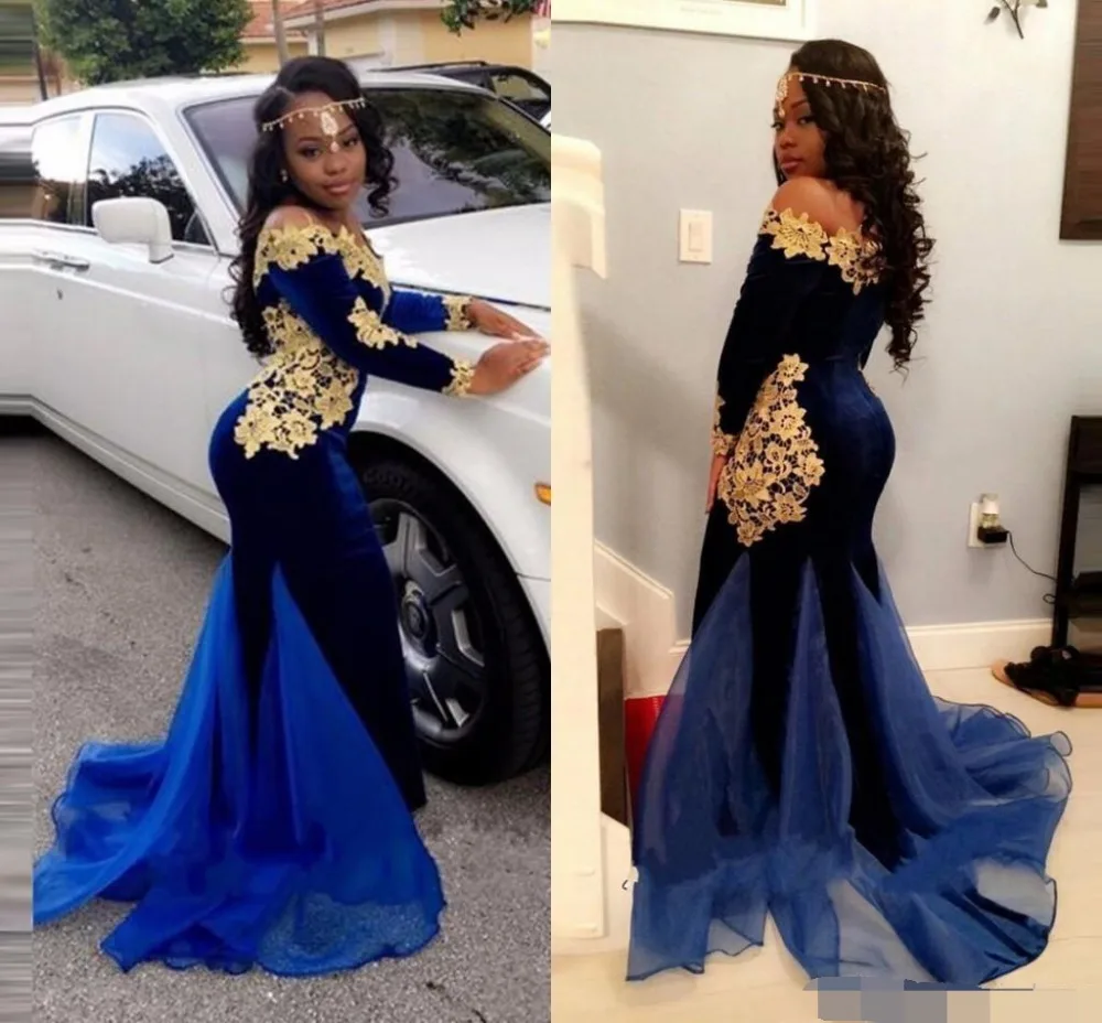 

Saudi Arabic Long Sleeve Evening dress Nave Blue Gold Appliques Mermaid Prom Dresses Off The Shoulder African Special Occasion