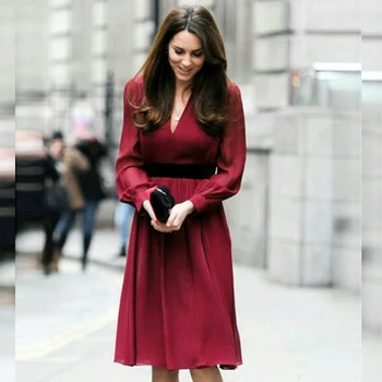 

New Kate Middleton Princess Solid Dress Elegant V-Neck Long Sleeve OL Dresses D4198