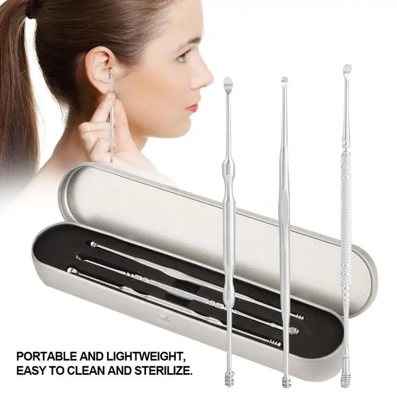 3Pcs/Box Double ended Stainless Steel Spiral Ear Pick Spoon Ear Wax