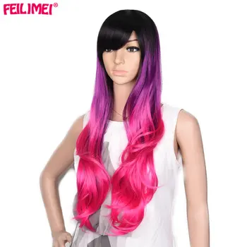 Feilimei Ombre Wigs Synthetic Heat Resistant Hair Extensions Pink Red Gray Purple Long Wavy Females Cosplay Wigs for Women 2