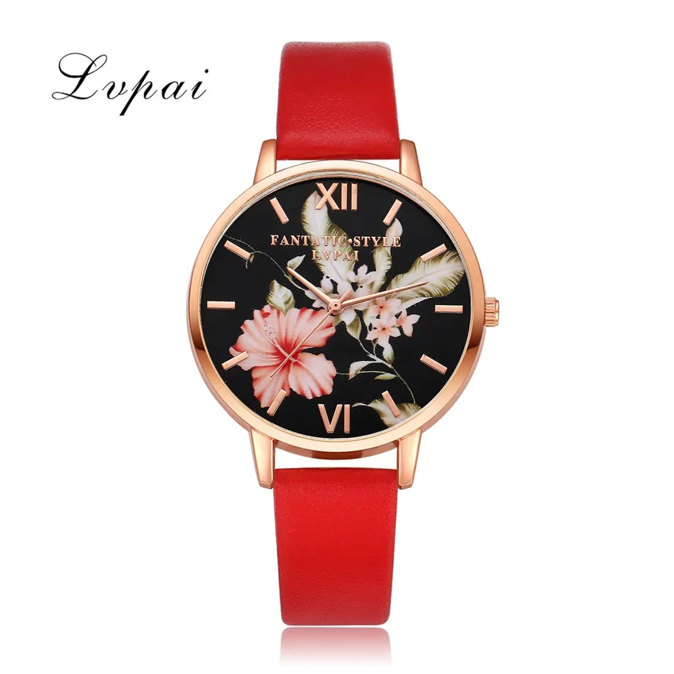 Lvpai Brand Women Bracelet Watch Fashion Rose Gold Flowers Leather Simple Women Dress Watches Luxury Business Clock Watch