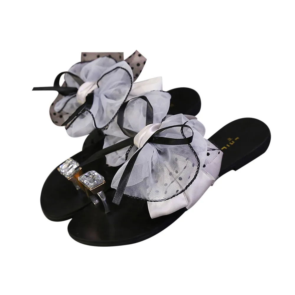 

Fashion Women Summer Flower Bow Flat Heel Toe slipper Slipper Flip Flops Crystal Beach Shoes High Quality Casual Shoe zapato #89