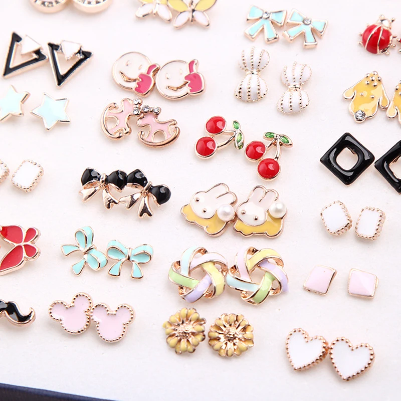 

Rainbow Cute Epox Stud Earring Set For Women Gold Color Butterfly/Cat/Fox/Rabbit Small Alloy Earrings Mix set Gift Box Design