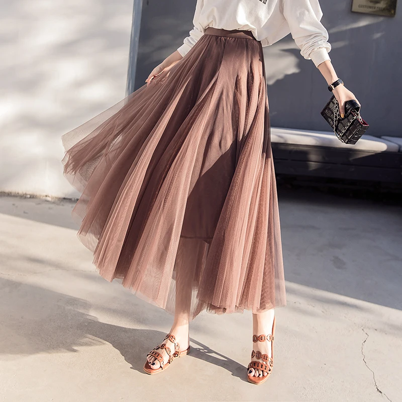 

High Quality Long Skirt 2019 Spring Summer Evening Party Skirt Women Tulle Mesh Big Hem Vintage Long Fashion Skirt Female
