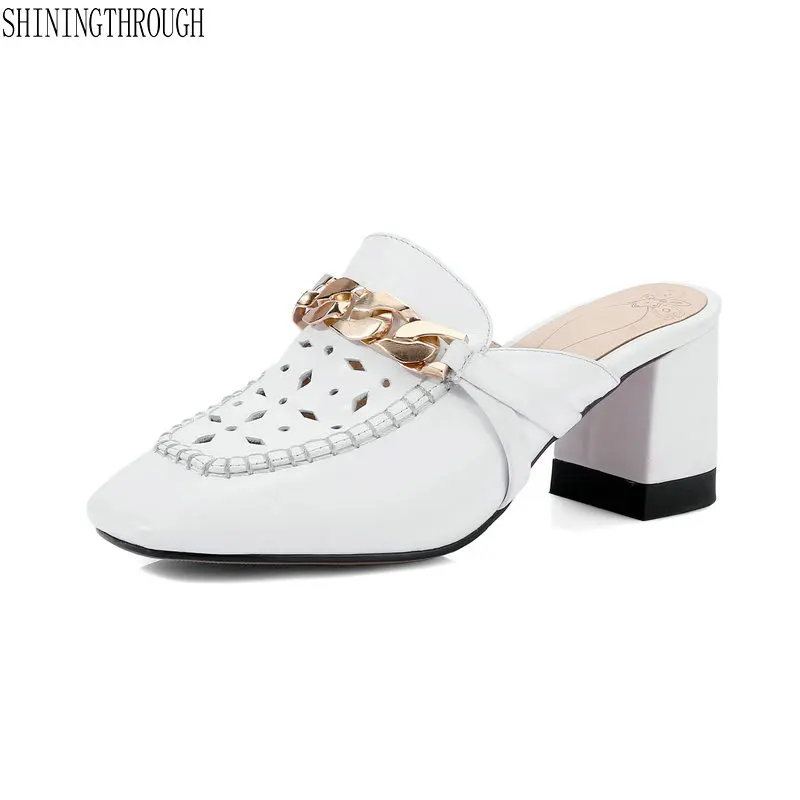 

Summer Thick High Heels Ladies Slippers new Style Genuine Leather Slides Footwear 2019 Fashion Women Mules Shoes