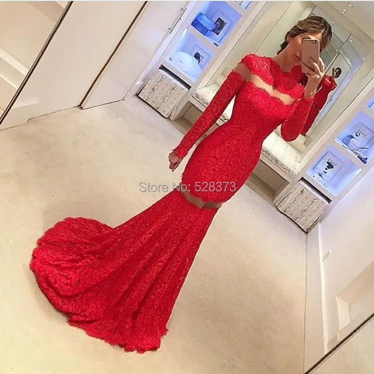 

YNQNFS PD4 Vestido de Festa Longo Prom Party Sexy Mermaid Long Sleeves Red Lace Dress See Through