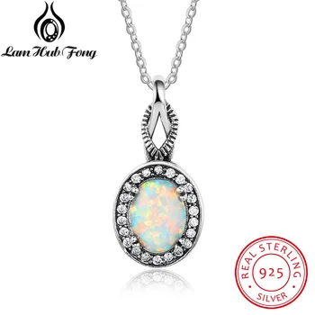

Vintage 925 Sterling Silver Necklace Oval White Fire Opal Pendant With Cubic Zirconia Women Fine Jewelry (Lam Hub Fong NE101928)