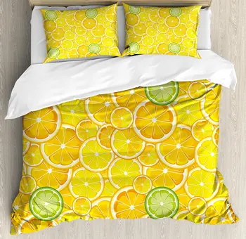

Yellow Duvet Cover Set Lemon Orange Lime Fruit Citrus Round Cut Circles Big Small Pattern Bedding Set Yellow White Green