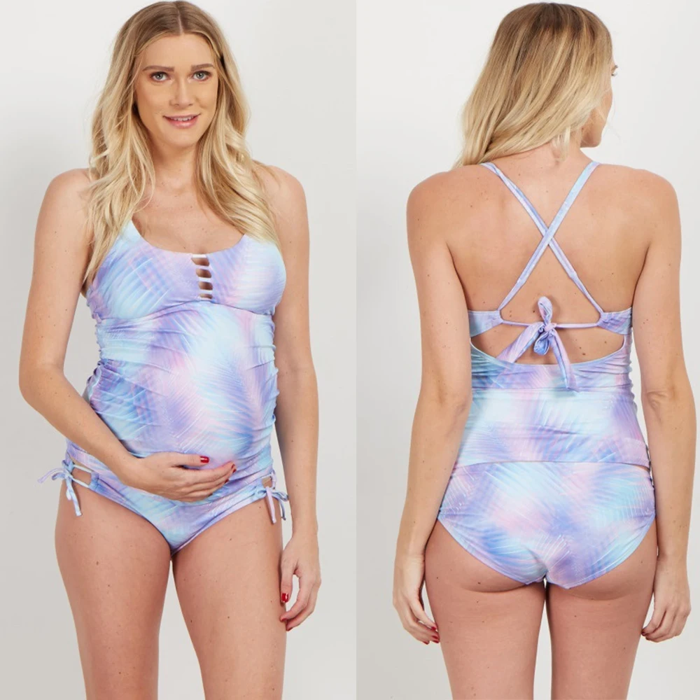 Gradient Front Hollow Strap Maternity Tankinis Women Solid  Bikinis Two Pieces Halter Pregnant Maillot de bain femme Swimwear Wo