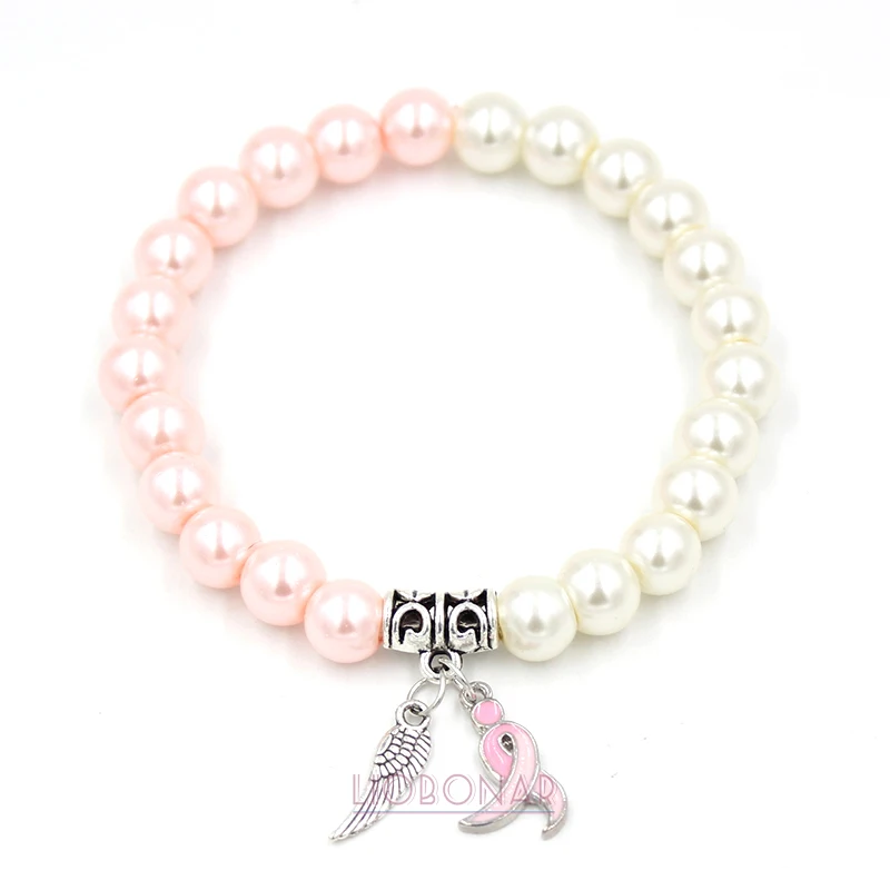 

10pcs/lot Wholesale New Pearl Bracelet Breast Cancer Awareness Jewelry Angel Wing Pink Ribbon Bracelet for Women Girl Pulsera
