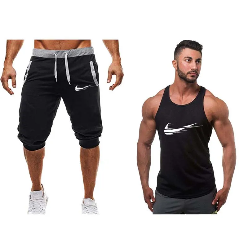 

2019 New Summer Men Set 2PC Sporting Suit Short Sleeve Tank top+Shorts Two Piece Set high quality Gym sportwear Tracksuit Men