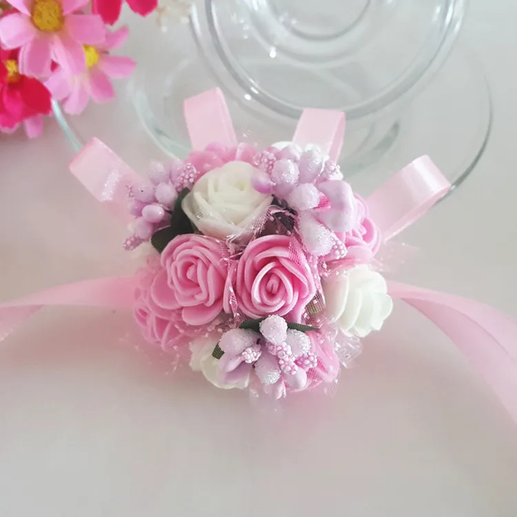 

7cm Foam Wrist Flower Rose Silk Ribbon Bride Corsage Hand Decorative Wristband Bracelet Bridesmaid Curtain Band Clip Bouquet